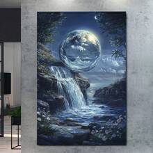 Framed Moonlight Waterfall Canvas Print,  Magical Nature Scene With Crystal Ball,  Fantasy Landscape With Ocean And Flowers, Home Decor