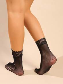 8 đôi tất ren ngắn cho nữ, tất cổ cao hở mũi, tất dài đến giữa bắp chân thời trang và gợi cảm, có lớp lót - màu đen - Xem 4