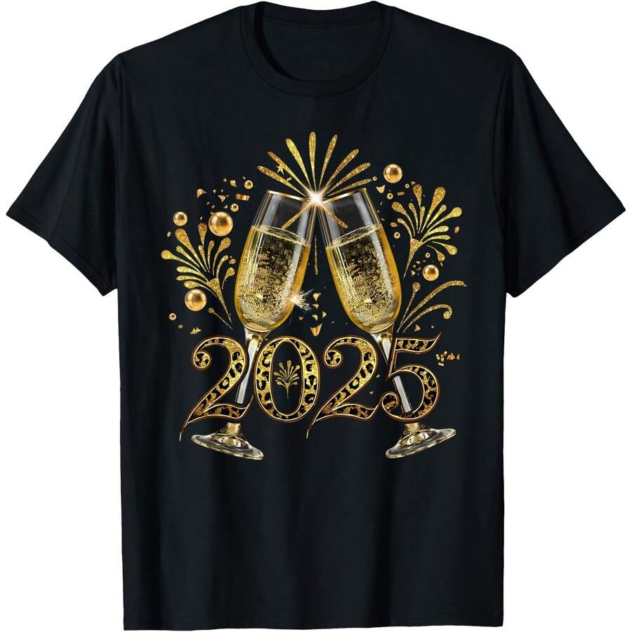 New Years Eve Happy New Year 2025 Firework Champagne Leopard T-Shirt - Black - View 1