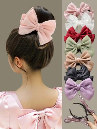 1 buc agrafe de păr cu perle și fundă în stil prințesă, roz/alb/roșu/maro, gheare de păr fluture cu două fețe, potrivite pentru coc dezordonat de zi cu zi sau pentru întoarcerea la școală