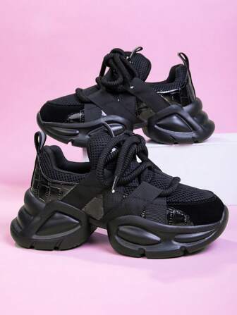 Femmes Automne/Hiver Chaussures de course à plateforme épaisse en maille respirante à lacets, couleur unie, chaussures de sport épaisses