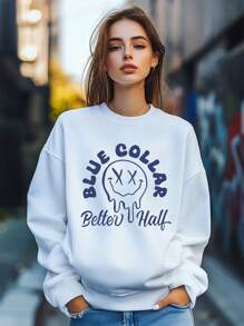 Women's Vibrant Flower Smiling Face Print Sweatshirt Pullover Fall Loose Fashion Long Sleeve Crew Neck Sweatshirt Casual Comfy Clothes