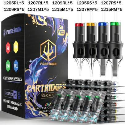 50pcs/Box Tattoo Cartridge Needles, Disposable Mixed Size Tattoo Needle Standard 5pcs Of Each Size - 1205RL 1207RL 1209RL 1205RS 1207RS 1209RS 1207M1 1207RM 1215M1 1215RM For Tattoo Artists And Beginners Body Art Design For Tattoo Supplies
