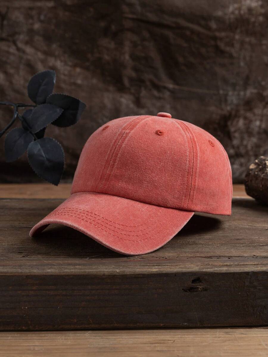 1pc Unisex Solid Color Adjustable Washed Baseball Cap, Casual Outdoor Fashion - Orange - View 1