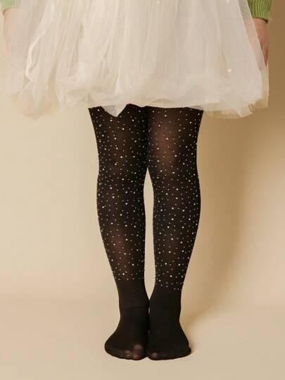 1pc Girls' Lightweight, Breathable, Hollow-Out, Rhinestone Decorated Lolita Style Leggings, Skin-Friendly, Soft, Comfortable, Fashionable, Casual, Sports, Snag-Resistant Mesh Stockings, Suitable For Daily Wear, Back To School, Holidays Gift