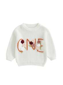 Baby Girl Birthday Sweater Floral Letter Embroidery Long Sleeve Round Neck Knitwear Pullover