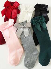 6 Pairs Girls & Toddler Girls' Bow Accent Solid Color Over-The-Knee Cotton Socks, School Style