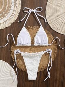 全新柔软蕾丝装饰吊带系带沙滩裙性感优雅派对比基尼套装，夏季时尚女士比基尼