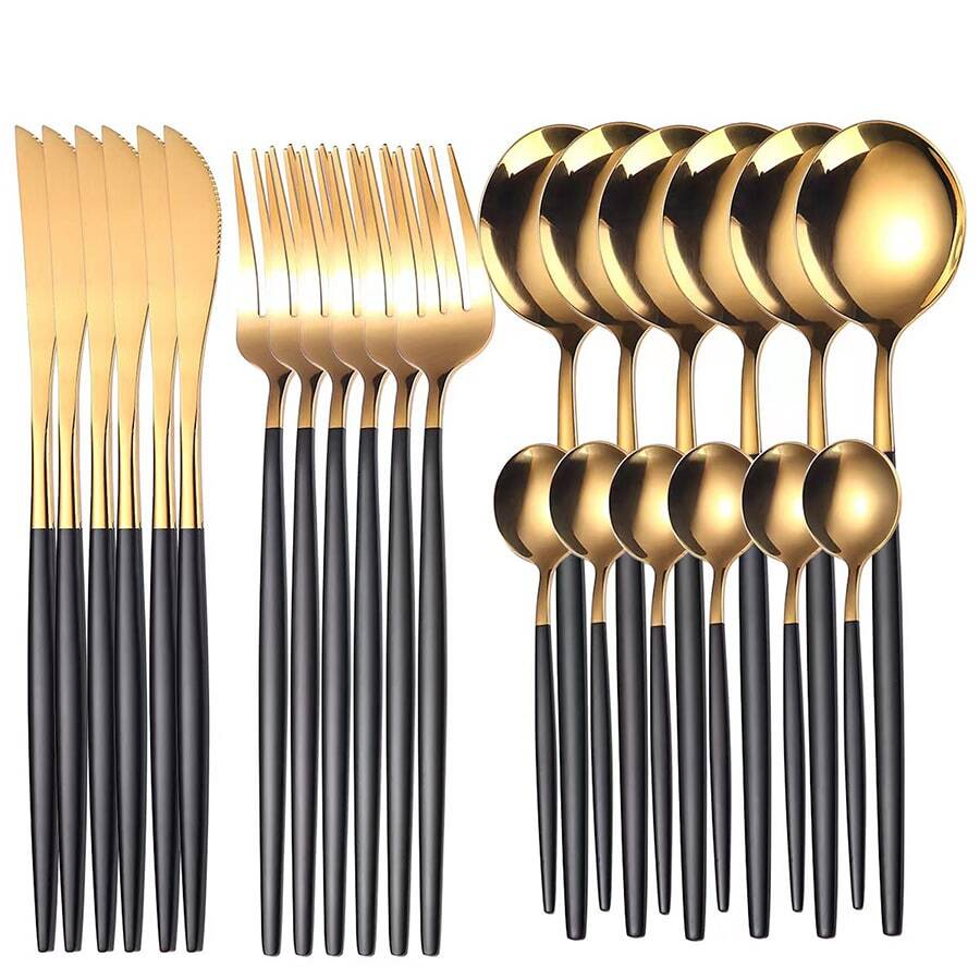 Belifou 24 Piece Cutlery Set Knives Forks Coffee Spoons Cutlery Set For 6 People - vàng đen - Xem 1