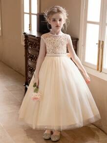 少女香槟色长款舞会礼服，配大蝴蝶结、薄纱舞会礼服 - 香檳色 - 查看 3