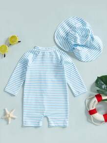Toddler Boys Girls Rash Guard Swimsuit With Hat 2 Pcs Set Striped Pattern Zip Up Long Sleeve Crew Neck Baby Swimwears - Blue - View 6