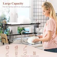 HOMCOM Large Dish Drainer Rack Over The Sink, 2 Tier Dish Rack For Kitchen Counter, Space Saving Dish Drying Rack, Black - Black - View 3