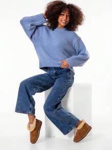 Women Crew Neck Long Sleeve Thick Sweater, Winter - Blue - View 5