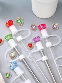 水钻吸管帽套装，1 顶水钻帽子和 1 条宝石项链，可重复使用的饮用吸管帽，兼容 30 和 40 盎司玻璃杯，防尘硅胶吸管帽，可重复使用的 10 毫米（0.4 英寸）吸管盖，DIY 派对装饰用品，杯子配件