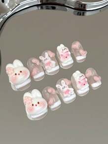 10片手工粉色可爱腮红兔3D立体花朵爱心法式美甲贴纸，适合日常佩戴，短款复活节风格可移除全覆盖式美甲贴片，适合美甲爱好者、女性和女孩，美甲用品 - 淺粉色 - 查看 3