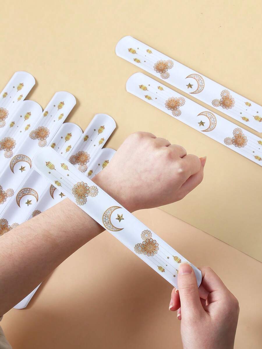 12 件斋月腕带，白金星星月亮灯笼装饰派对按扣手链，拍腕带散装手链适用于开斋节派对用品斋月卡里姆装饰 - 齋戒月主題 - 查看 1