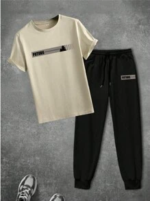 مجموعة قميص وبنطلون رجالي مكونة من 2 قطعة، قميص بأكمام قصيرة بطباعة شجرة الأمل باللغة الإنجليزية وبنطلون بحبال ربط، مناسب للشارع والخارج والاستخدام اليومي - كاكي - مشاهدة 2