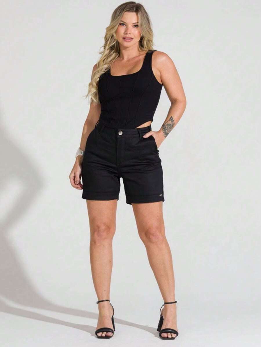 Women's Shorts Twill Tailored Social High Standard Knife Pocket High Waist Fresh Breathable Summer Collection - màu đen - Xem 1