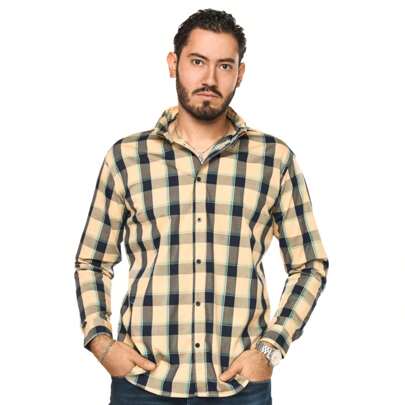 MOONKEY Camisa Hombre Casual Beige Cuadros Negro con Lineas Verdes
