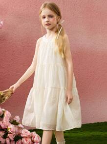 ASK JUNIOR 女童连衣裙，2025 花卉无袖中长款 A 字型甜美公主裙，夏季 - 米色 - 查看 8