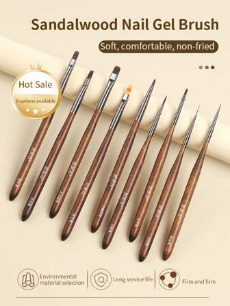 annies 9pcs Manicure Brush Set, Includes Round & Flat Shaped Brushes For Gel Nail Art, Gradient, Sponge