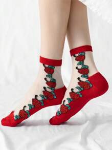 3 双女士薄款花卉图案中筒袜，透气、舒适、优雅提花中筒袜，春夏 - 紅色 - 查看 2