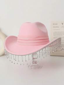 1 pièce Chapeau de cowgirl occidental fait main avec perles et franges de couleur unie pour femmes, chapeau décontracté de voyage pour festival, fête, scène, concert de musique, mariage de la mariée