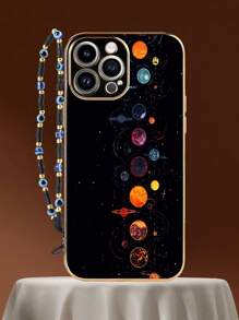 1个黑色TPU镀层精美星球图案防摔手机壳和1条黑色串珠手机挂绳，兼容/配套手机壳/带挂绳手机壳/腕带手机壳/趣味手机壳/安卓手机壳/手机壳/手机壳/兼容OPPO手机壳/兼容 16 Pro Max手机壳/兼容 16 Pro Max，国际版，非国内版 - 彩色 - 查看 4