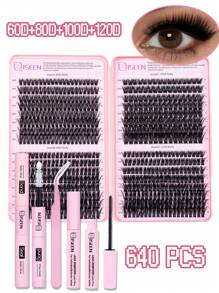 640 Pcs, D Curl, Lash Extension Kit DIY 30D, 40D, 50D Lash Clusters Eyelash Extension Kit, 5-16mm Mix Individual Lashes Kit With Lash Bond And Seal, Remover ,Lash Tweezers For Self Use