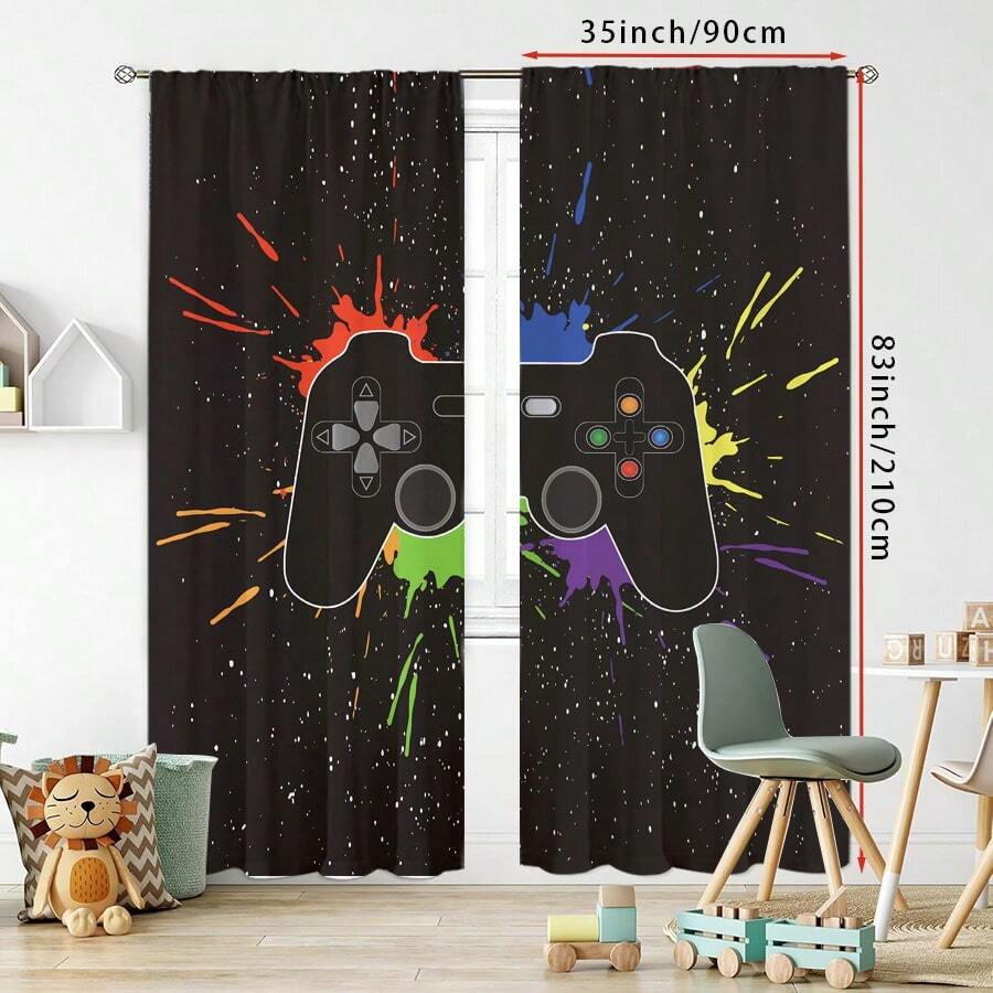 Cortinas estilo competição de jogos, 2 peças, impressão de padrão de controle de jogo, decoração de casa, bolso de mastro, quarto, sala de estar, decoração de casa, 160 g/m² - Multicolorido - Ver 1