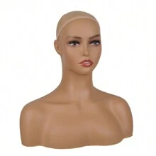 Cabeza de maniquí realista con hombros, busto de cabeza de maniquí para pelucas, maquillaje, accesorios de belleza para exhibición - Marrón - Ver 3