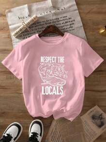 Letter Printed T-Shirt, Short Sleeved Round Neck Summer And Spring Casual Top, Women's Top - Pink - View 1