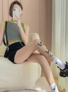 1 par de medias para mujer 20D de color albaricoque natural, ultradelgadas, con estampado de tatuaje, de primavera/verano, de entrepierna individual, con punta reforzada y sin costuras, sexy