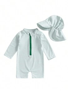 Toddler Boys Girls Rash Guard Swimsuit With Hat 2 Pcs Set Striped Pattern Zip Up Long Sleeve Crew Neck Baby Swimwears - màu xanh lá - Xem 1