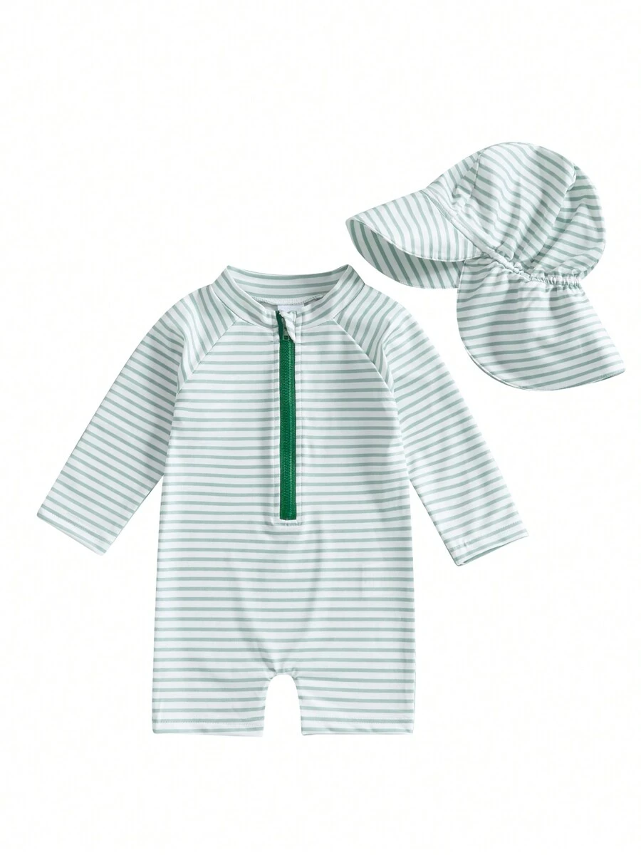Toddler Boys Girls Rash Guard Swimsuit With Hat 2 Pcs Set Striped Pattern Zip Up Long Sleeve Crew Neck Baby Swimwears - màu xanh lá - Xem 1