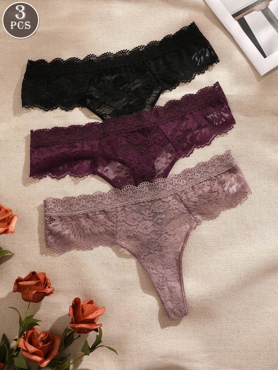 3pcs/Pack Women's Lace Breathable Low Waist Sexy Thong Panties - Multicolor - View 1