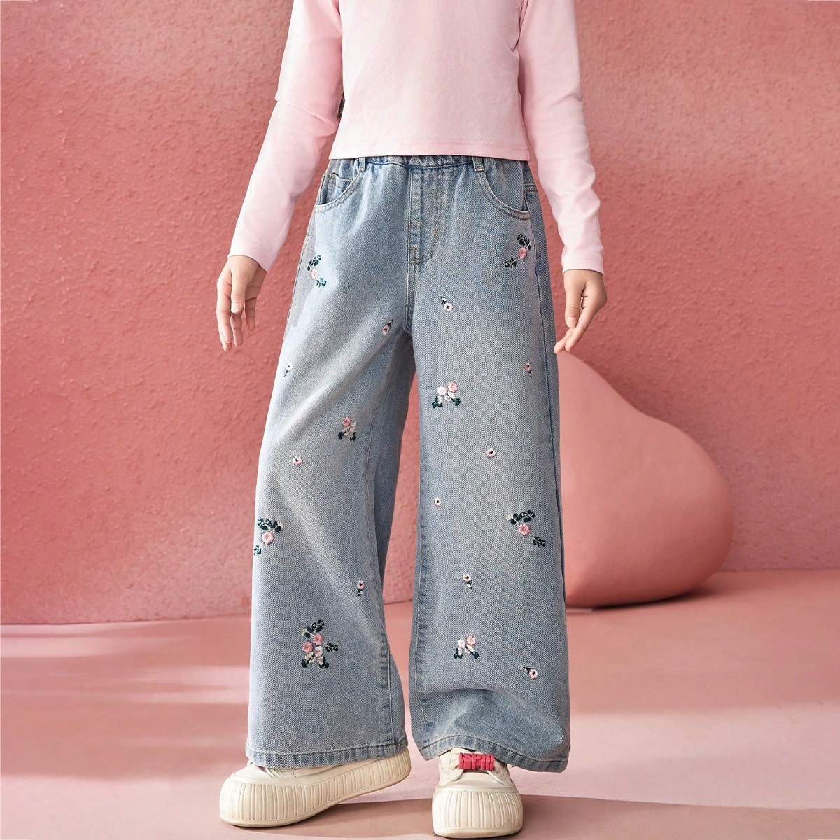 Jeans de pierna ancha con bordado floral ditsy para niñas preadolescentes