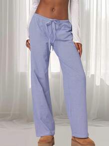 Pantalones de pijama holgados con cintura elástica y cordón de mujer estilo Y2K a rayas, pantalones para dormir de talle bajo, ropa de estar por casa suave y cómoda - Azul - Ver 3