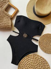 Summer Hollow-Out Solid Color Detachable Strap Metal Decor Waist Hollow One-Piece Swimsuit Style One-Piece Swimming Suit For Women
