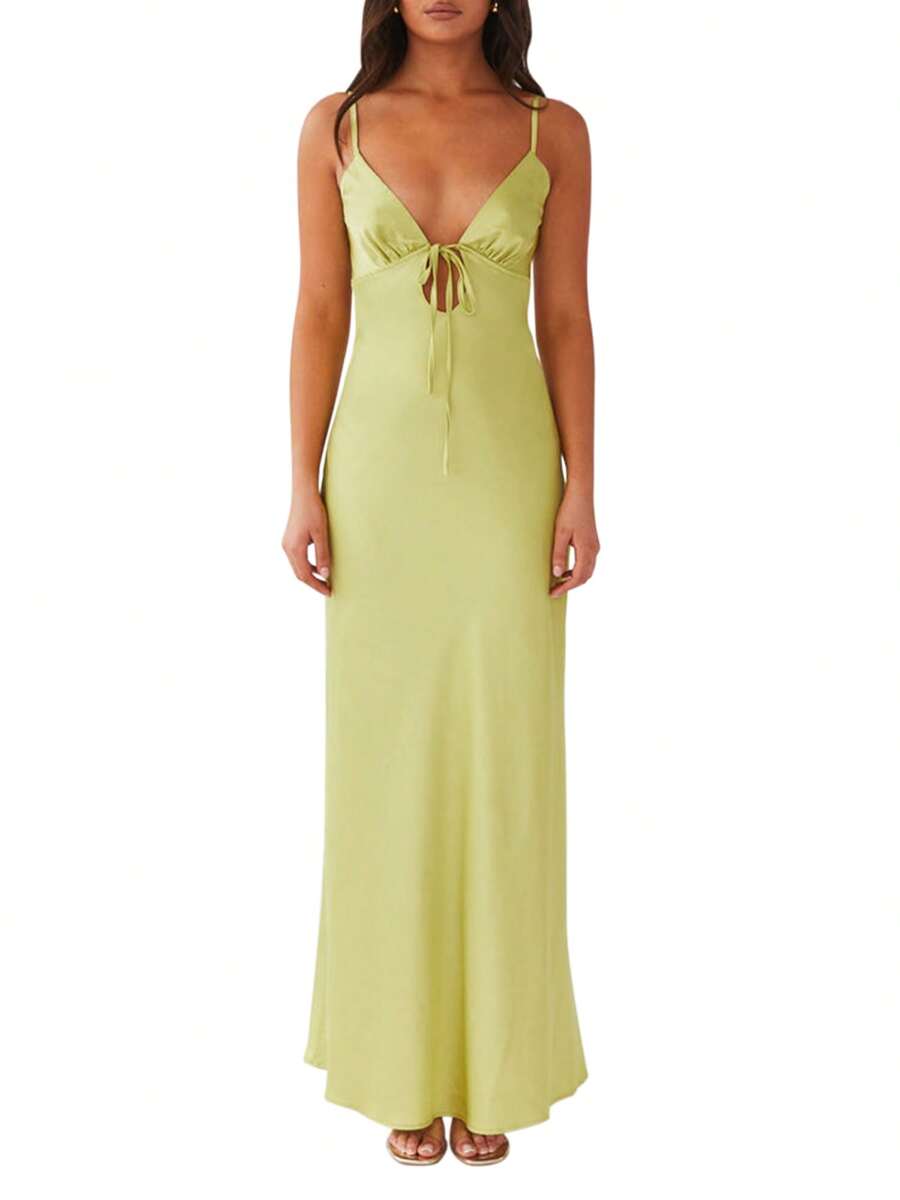 Women Slip Cami Dress Long Sleeveless Tie-Up Front Backless Maxi Dress Lounge Dress - 綠色 - 查看 1