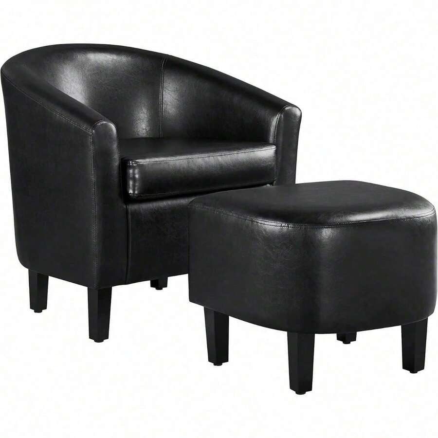 Accent Chair With Ottoman Set, Modern Faux Leather Upholstered Soft Barrel Chair And Footrest, Club Armchair And Footstool For Living Room/Bedroom/Reading Room/Guest Room, Black