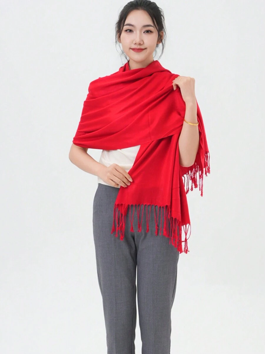 High-Quality Classic Solid Pashmina Scarf – Perfect For Weddings And Special Events - Red - View 1