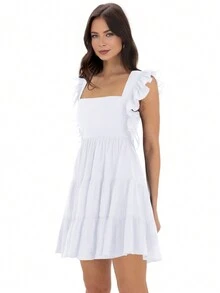 Square Neck Pleated Ruffles Mini Dress Women Summer Cute Frill Sleeveless Sexy Backless Lace Up Dresses - White - View 5
