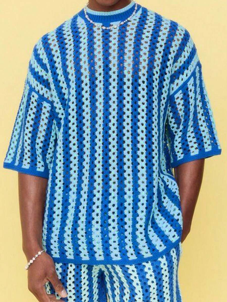 Casual Hollow Out Striped Knit Top, Unisex Loose Fit Lightweight Pullover Sweater, Spring/Summer/Autumn - Blue - View 1