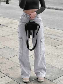 Women's Loose Straight Leg High Waist Jeans, Non-Stretch, Vintage Streetwear Style, Spring/Summer 2026, New Year & Valentine's Day Collection - Light Grey - View 8