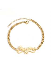 1 pieza Pulsera elegante de acero inoxidable con corazón y nombre personalizado de niña, joyería de uso diario sencilla, adecuada para todas las estaciones, accesorio multifuncional, idea de regalo - color sólido - Ver 2