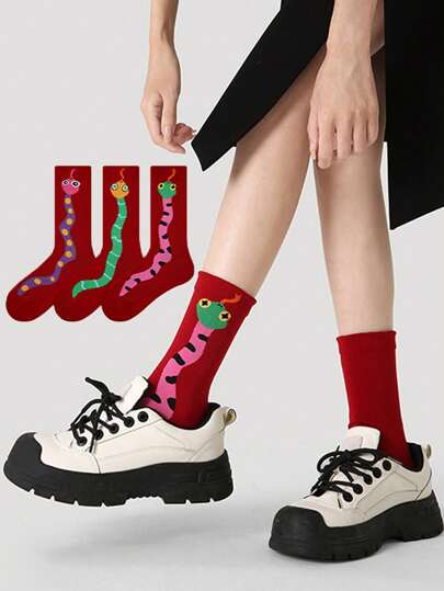 1 par dam tecknade söta personliga kinesiska nyårs röda vadstrumpor, nyårspresent, dam vadstrumpor, personliga röda strumpor för nya par