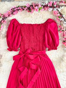 Pleated Midi Dress With Elastex Waist - Hot Pink - View 7