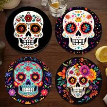Set de 1/4/6 piezas de posavasos de barro de diatomeas con diseño de calavera y flores - Posavasos para tazas con aislamiento térmico, manteles lavables, antideslizantes y resistentes al calor, ideales para uso doméstico, cafe, oficina, cocina, hora del té, decoración de fiestas temáticas, regalos exquisitos