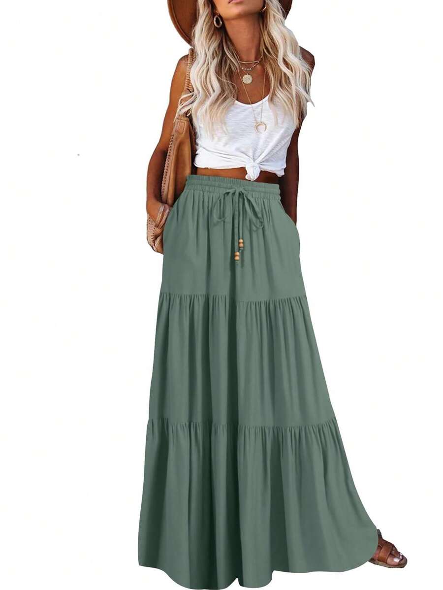 SANOPY Women's Date & Beach & Daily Bohemian Elastic High Waisted Extra Long Casual Elegant Skirt With Pockets Spring & Summer Streetwear - màu xanh lá - Xem 1